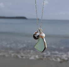 Load and play video in Gallery viewer, Aqua Sea Glass, Freshwater Pearl &amp; Crashing Wave Pebble Necklace | Cornish Sea Glass Treasure Necklace
