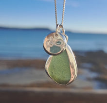 Load and play video in Gallery viewer, Forest Green Sea Glass &amp; Infinity Anchor Pebble Necklace | Cornish Sea Glass Treasure Necklace
