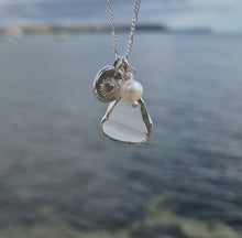 Load and play video in Gallery viewer, Frosted White Sea Glass, Freshwater Pearl &amp; Radiant Heart Pebble Necklace | Cornish Sea Glass Treasure Necklace
