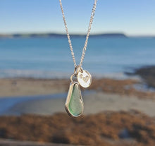 Load and play video in Gallery viewer, Teal Sea Glass &amp; Recycled Silver Love Hearts Necklace | Cornish Sea Glass Treasure Necklace
