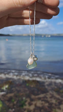 Load and play video in Gallery viewer, Sea Green Sea Glass, Freshwater Pearl &amp; Heart Pebble Necklace | Cornish Sea Glass Treasure Necklace
