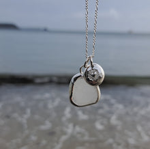 Load and play video in Gallery viewer, Frosted White Sea Glass &amp; Radiant Heart Pebble Necklace | Cornish Sea Glass Treasure Necklace
