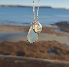 Load and play video in Gallery viewer, Aquamarine Sea Glass &amp; Radiant Heart Pebble Necklace | Cornish Sea Glass Treasure Necklace
