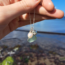 Load image into Gallery viewer, Sea Green Sea Glass, Freshwater Pearl &amp; Heart Pebble Necklace | Cornish Sea Glass Treasure Necklace
