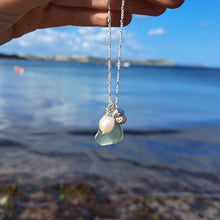 Load image into Gallery viewer, Sea Green Sea Glass, Freshwater Pearl &amp; Heart Pebble Necklace | Cornish Sea Glass Treasure Necklace
