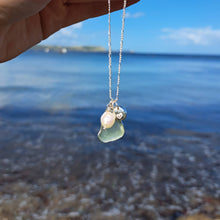 Load image into Gallery viewer, Sea Green Sea Glass, Freshwater Pearl &amp; Heart Pebble Necklace | Cornish Sea Glass Treasure Necklace
