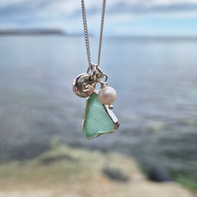 Load image into Gallery viewer, Sea Green Sea Glass, Freshwater Pearl &amp; Mini Heart Pebble Necklace | Cornish Sea Glass Treasure Necklace
