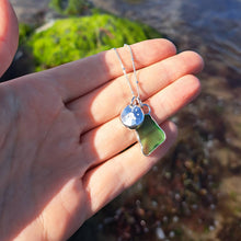 Load image into Gallery viewer, Teal Green Sea Glass &amp; Wave Pebble Necklace | Cornish Sea Glass Treasure Necklace
