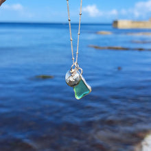 Load image into Gallery viewer, Teal Green Sea Glass &amp; Wave Pebble Necklace | Cornish Sea Glass Treasure Necklace
