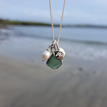 Load image into Gallery viewer, Teal Green Sea Glass, Freshwater Pearl &amp; Mini Wave Pebble Necklace | Cornish Sea Glass Treasure Necklace
