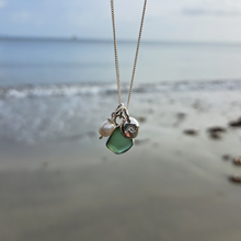 Load image into Gallery viewer, Teal Green Sea Glass, Freshwater Pearl &amp; Mini Wave Pebble Necklace | Cornish Sea Glass Treasure Necklace
