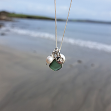 Load image into Gallery viewer, Teal Green Sea Glass, Freshwater Pearl &amp; Mini Wave Pebble Necklace | Cornish Sea Glass Treasure Necklace
