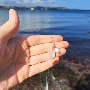 Frosted White Sea Glass & Freshwater Pearl Necklace | Cornish Sea Glass Treasure Necklace