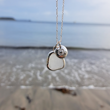 Load image into Gallery viewer, Frosted White Sea Glass &amp; Radiant Heart Pebble Necklace | Cornish Sea Glass Treasure Necklace
