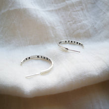Load image into Gallery viewer, Handmade silver hoops with &#39;Be kind&#39; &#39;be strong&#39; messages inside
