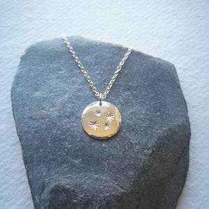 Family star engraved disc necklace with 4 stars on stone