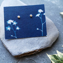 Load image into Gallery viewer, Textured mini moon circle stud earrings on blue cyanotype forget-me-not eco backing card 
