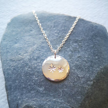 Load image into Gallery viewer, Eco silver star coin disc necklace with two engraved stars on chain
