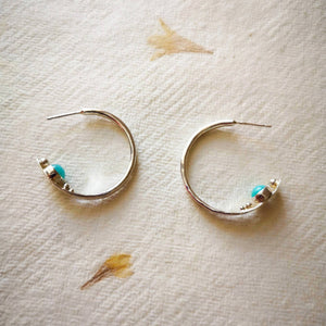 Hidden treasure handmade silver hoop earrings with aqua blue gemstones secret details, on cream paper with yellow flowers 