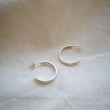 Load image into Gallery viewer, Classic recycled silver hoops side view with scroll back fittings
