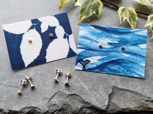 Tiny silver moon dot stud earrings on cyanotype leaves and waves with whale tail illustrated backing cards