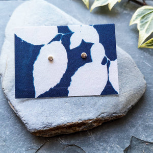 Eco silver tiny moon circle studs on blue leaves cyanotype recycled cotton backing card on slate