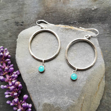 Load image into Gallery viewer, Recycled silver drop hoop earrings with amazonite turquoise colour stone, on slate with purple flower 
