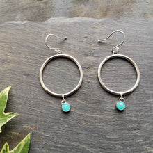 Load image into Gallery viewer, Boho silver hoop earrings with aqua blue stone on slate with ivy
