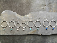 Load image into Gallery viewer, Collection of recycled silver drop hoop earrings with gemstones - fluorite green, rose pink, amazonite aqua &amp; lapis blue
