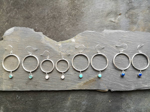 Collection of recycled silver drop hoop earrings with gemstones - fluorite green, rose pink, amazonite aqua & lapis blue