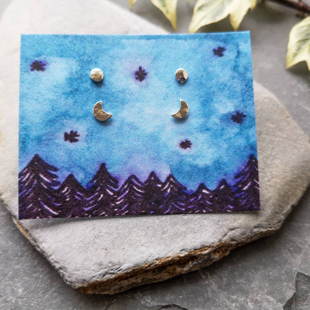 Recycled silver mini moon studs set - two pairs of full and crescent moons on eco card illustrated forest scene 