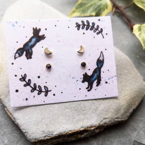 Eco silver tiny moon stud earrings set, half and full moons on jumping foxes illustrated card