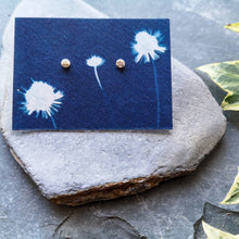 Load image into Gallery viewer, Recycled silver mini full moon stud earrings on blue cyanotype dandelion eco backing card
