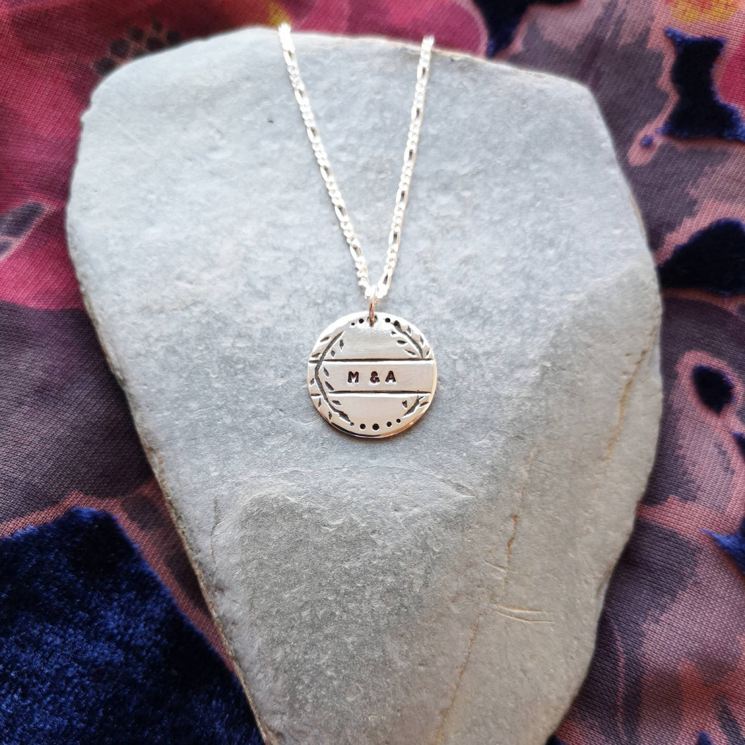 Engraved disc necklace with vintage style vines and personalised initials
