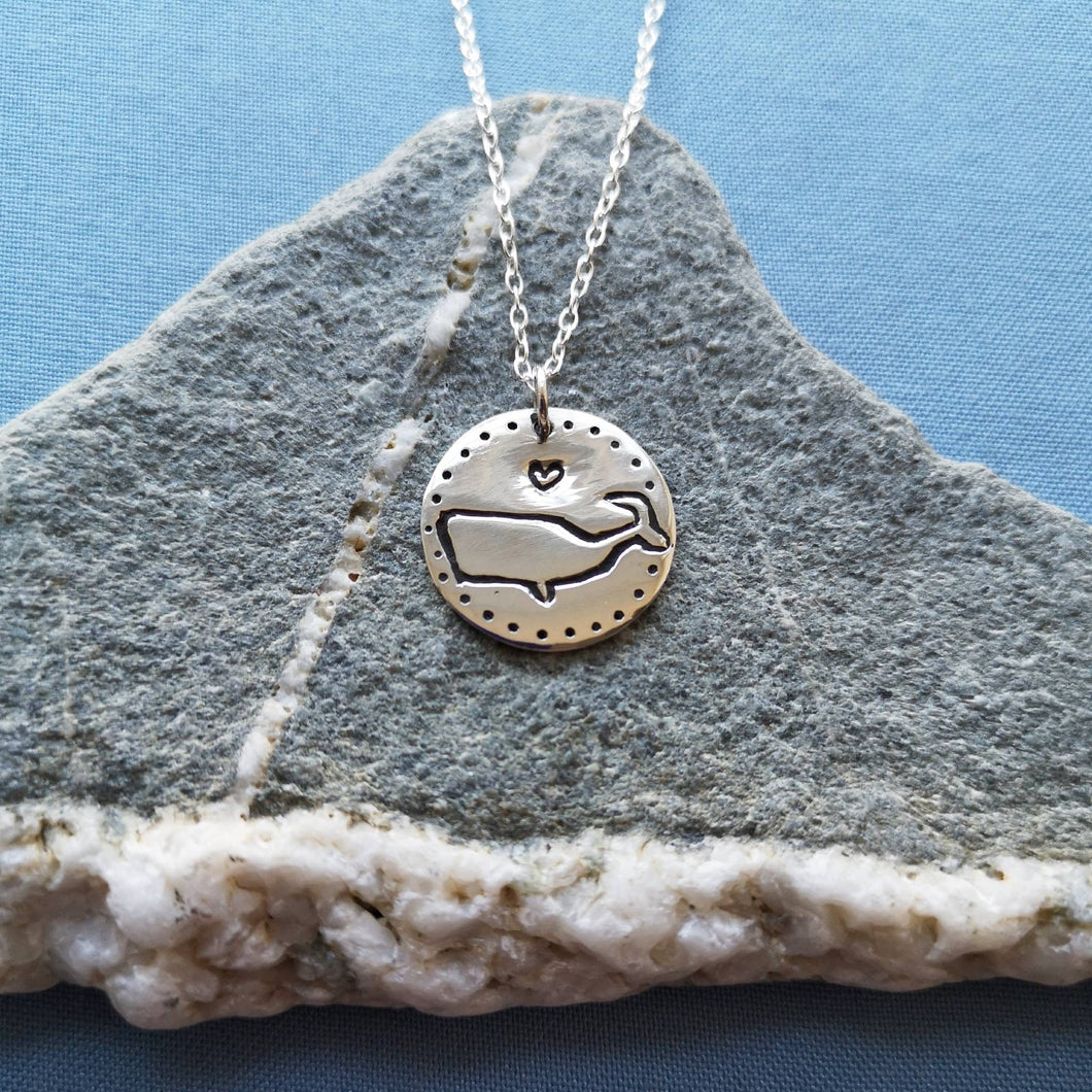 Recycled silver engraved disc whale necklace