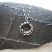 Load image into Gallery viewer, Handmade recycled silver cornish wave pendant, circular with strands and balls combining to suggest movement 
